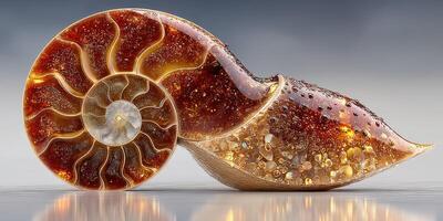 Exquisite nautilus shell resting on a reflective surface showcasing intricate patterns and colors under soft lighting photo