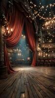 Elegant theater interior with red curtains and shimmering lights during a performance at night photo