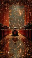 Graduation ceremony with decorated hall and graduates celebrating in golden confetti at dusk photo