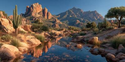 Stunning desert landscape at sunrise showcasing mountains, cacti, and a tranquil stream in the wilderness photo