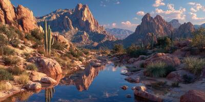 Scenic landscape with mountains, reflections, and clear water in a serene desert setting during golden hour photo