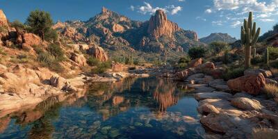 Stunning desert landscape featuring rocky mountains and a tranquil water reflection at sunset photo