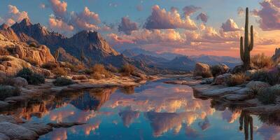 Majestic desert landscape at sunset with mountains, reflections in water, and cacti in foreground photo