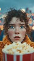 Surprised girl holding popcorn at a carnival during the evening with colorful lights in the background photo