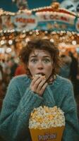 Young girl enjoys popcorn at a lively fair under colorful lights during the evening photo
