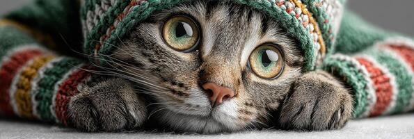 Cute cat with vibrant eyes resting in cozy knitted hat on soft surface in a warm indoor environment photo