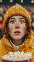 Young girl in a yellow coat and hat watches an outdoor event in winter snow with popcorn in hand photo