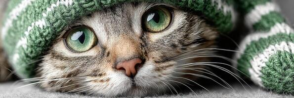 Cute tabby cat wearing a green and white striped knit hat resting on a soft surface indoors photo