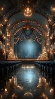 Elegant theater interior with ornate decorations and soft lighting, capturing a magical atmosphere before a performance photo