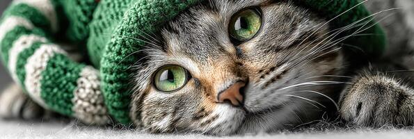 Cute cat wearing green knitted hat while relaxing indoors with bright green eyes and playful expression photo