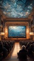 Audience captivated by dynamic art display in historic theater with ornate ceiling photo