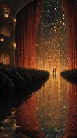 Audience enjoying a magical evening at a vibrant theater with sparkling lights and reflections on the stage photo