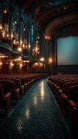 histórico teatro interior con florido diseño y vacío asientos iluminado por suave Encendiendo foto