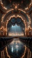 Elegant theater interior featuring ornate architecture and a magnificent stage illuminated at night photo