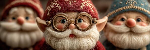 Unique handcrafted elves dressed in colorful winter attire display joyful expressions in a festive setting photo