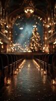 Elegant theater decorated for a festive celebration with warm lights and a Christmas tree in the background photo