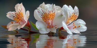 Beautiful white flowers with orange accents resting on water, captured in a serene moment during early morning light photo