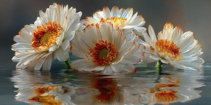 Beautiful white and orange flowers gently floating on calm water surface creating a serene atmosphere at dawn photo