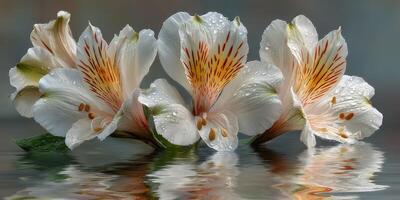 Beautiful white flowers with orange accents resting on water surface with droplets in peaceful setting photo