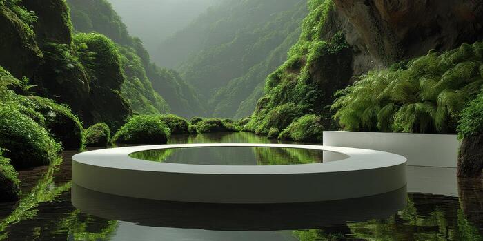 sereno circular plataforma rodeado por lozano verdor y tranquilo aguas en un aislado Valle foto