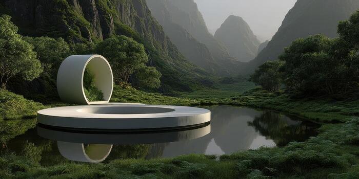 Calm waters reflect modern architecture in a serene mountain landscape during dawn light photo