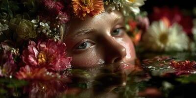 Portrait of a serene figure immersed in water adorned with vibrant flowers during golden hour photo