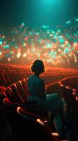 Woman sitting alone in a theater, observing colorful lights during a performance at night photo