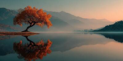 Majestic autumn tree reflected in still lake surrounded by mountains at dawn photo