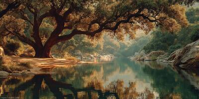 Tranquil river reflection under ancient trees at dawn in a serene natural landscape photo