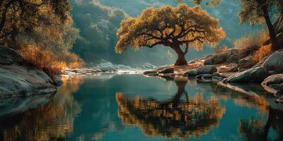 Serene riverside landscape with golden foliage and calm waters reflecting the beauty of nature photo