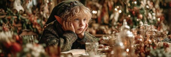 Child dressed as an elf gazes thoughtfully at a festive table adorned with decorations and holiday decor in a cozy indoor setting photo