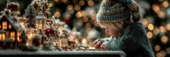 Child writing a letter in front of a festive holiday display with miniature houses and soft glowing lights photo