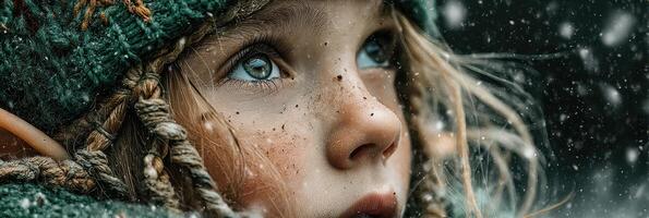 Young child with sparkling blue eyes observes snowfall in a winter wonderland, surrounded by soft white flakes photo