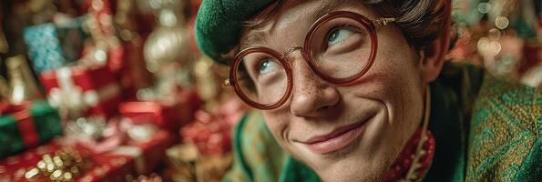 Cheerful holiday elf surrounded by colorful presents in festive decor at a winter celebration photo