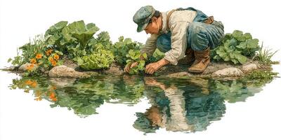 Farmer tending to vegetables by a serene pond during a sunny afternoon in a rural garden setting photo