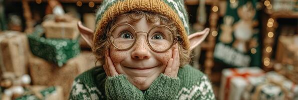 Child dressed as a cheerful elf surrounded by holiday gifts in a cozy environment during winter festivities photo