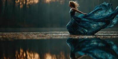 Dancer in flowing blue gown gracefully moves through a serene lake at sunset photo
