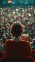 Viewing a captivating performance from the audience with popcorn in hand at a vibrant theater event in the evening photo