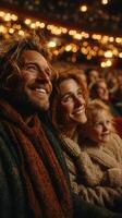 Family enjoys a live performance in a cozy theater filled with warm lights and joyful atmosphere during the evening photo
