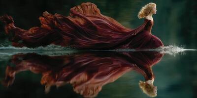 Woman in flowing red dress running gracefully across water reflecting her image in a serene landscape during twilight photo