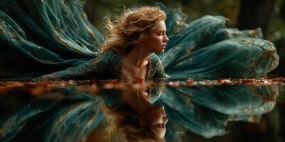 Captivating dancer in a flowing green gown reflects in tranquil water surrounded by autumn leaves photo