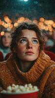 Snowy theater night brings joy and wonder to young audience enjoying a film surrounded by glowing lights photo