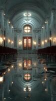 Abandoned grand hall with ornate decor and reflecting water in early evening light photo