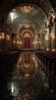 Luxurious interior of an ornate theater with red curtains and shimmering reflections on the polished floor at night photo
