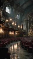 Abandoned theater decorated for holidays with dim lighting and a large Christmas tree photo
