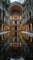 Old abandoned building transformed with festive lights and holiday decorations reflecting in tranquil water photo