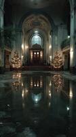 Abandoned hall with Christmas trees reflecting in water during winter evening, showcasing faded elegance photo