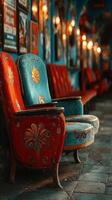 Vintage chairs in a charming hallway with warm lighting and vibrant colors create a nostalgic atmosphere photo