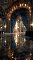Elegant grand hall illuminated by soft lights reflecting on polished floor during an evening gathering photo