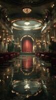 Elegant interior of a grand theater showcasing a red curtain and lavish decor under ornate chandeliers photo